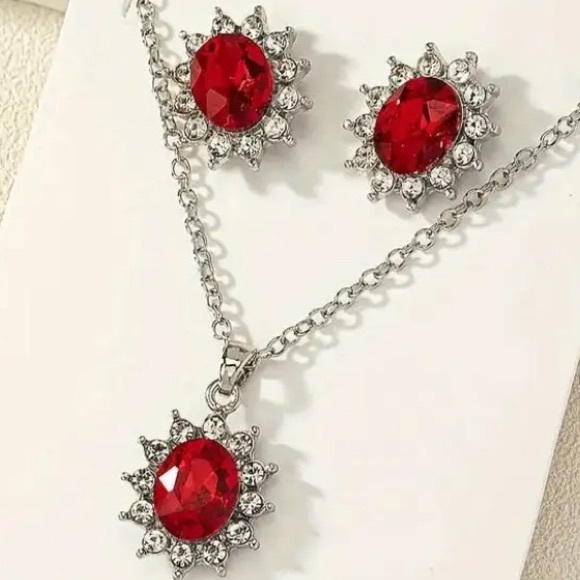 Ruby & Diamond Silver Tone Necklace and Stud Earrings Set - Picture 2 of 3